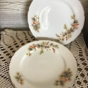 Peut inclure: Ensemble de trois assiettes plates en céramique blanche avec un motif de pommes de pin et de feuilles brunes, vertes et orange.