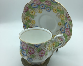 Vintage Royal Albert tekopp och fat, handmålad blommig vallmo, Crown China tekopp