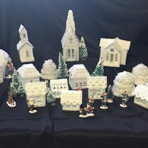 Vintage Plastic Canvas Village,White Winter Wonderland,Handmade Christmas Village, Handmade village,