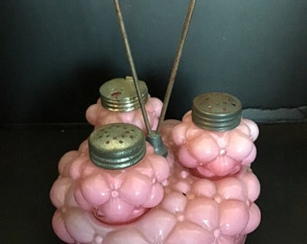 Vintage Pink Glass Condiment Set,Cruet set, Bulging Three Petal