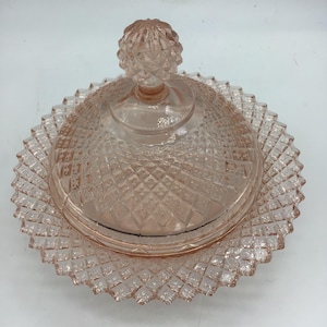 Vintage 1930s Pink Depression Glass Butter dish, Anchor Hocking, Diamond Cut Round covered dish,Pink glass,