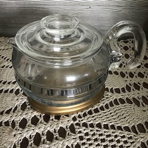 Puede incluir: Una tetera de vidrio transparente con tapa y asa. La tetera tiene una base dorada y está sobre un tapete de ganchillo blanco. El fondo es una superficie de madera gris.
