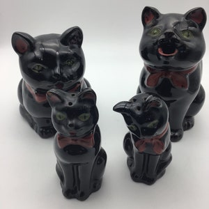 Vintage Redware Black Cat Cream & Sugar, Black Cat Salt and Pepper Shakers, Black Cat with green eyes,Japan Staffordshire Redware