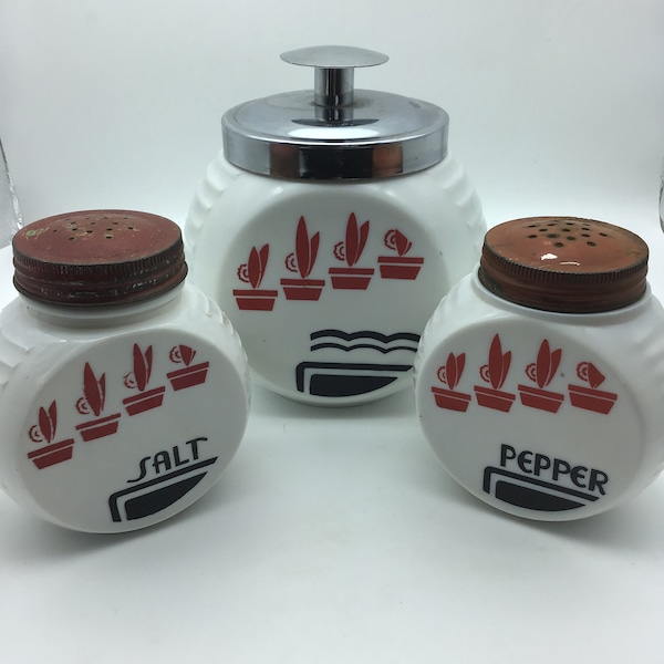 Vintage Fire King Anchor Hocking Vitrock shakers, 3 piece set,Grease jar and Salt & Pepper shakers,Milk Glass, Red Potshakers