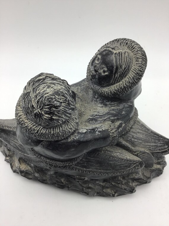 Wolf Original Sculpture,inuit/eskimo Couple in Kayak,black