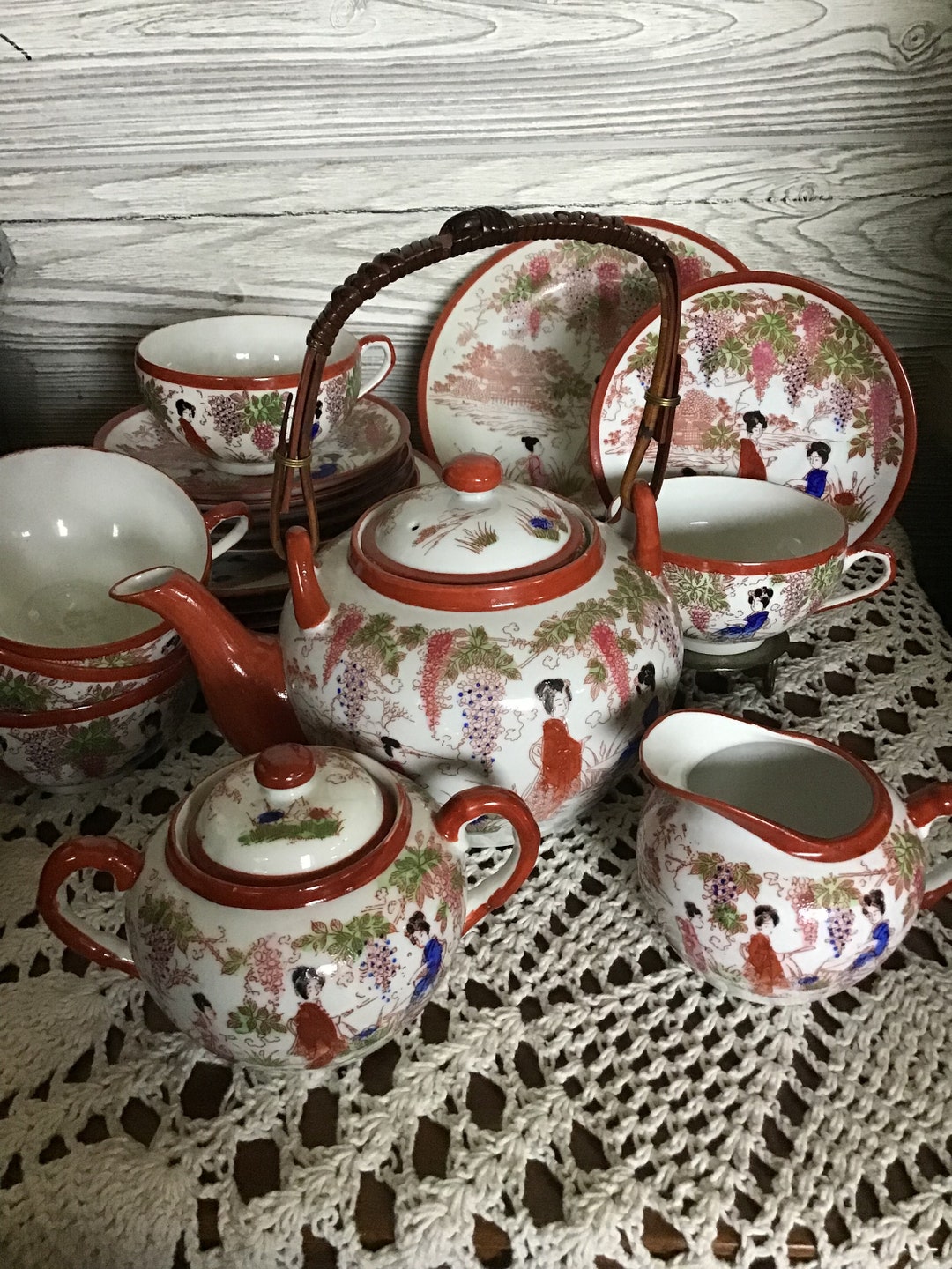 Vintage Japanese Eggshell Porcelain Lithophane Tea Set,1940 Geisha