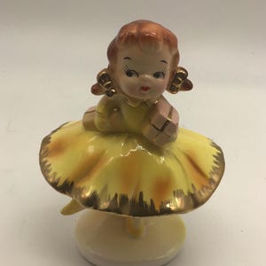 Vintage Ponytail girl Figurine. Girl Ballerina in Yellow dress. Made in Japan figurine,