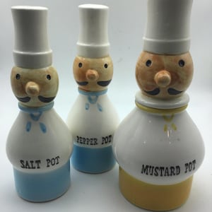 Vintage Napco Mustard Pot,Chef Salt and Pepper, Anthropomorphic Chef, 1960’s kitchenware,Kitchen Kitsch,Made in Japan,3 piece set