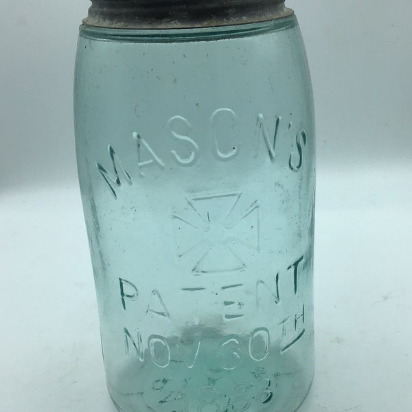 Mason’s Cross Patent Nov 30th 1858,antique Jar,TurquoiseGreenish quart sized mason jar,Farmhouse decor,Cottage Decor