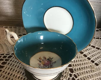 Vintage Coalport Tea Cup and Saucer, Teal bands with floral bouquet center, fine bone china Tea Cup,English China