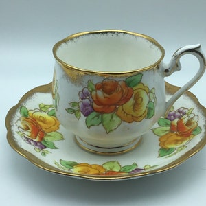 Antique Royal Albert Crown Royal tea Cup and Saucer, Orange flowered Teacup