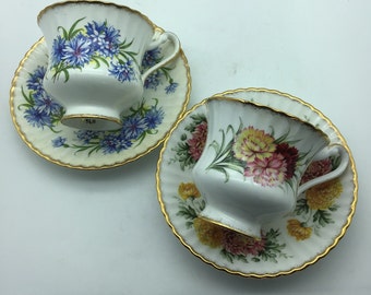 Vintage Paragon Tea Cups and Saucers,set of 2, Chrysanthemum,Blue Cornflower,Made in England,Bone China