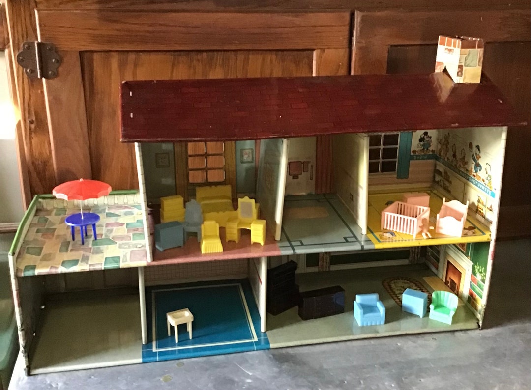 Vintage Marx Tin Lithograph Dollhouse,1950s 2 Story Colonial Style