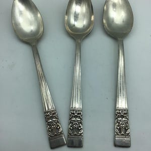Puede incluir: Tres cucharas de plata con diseños florales ornamentados en los mangos.