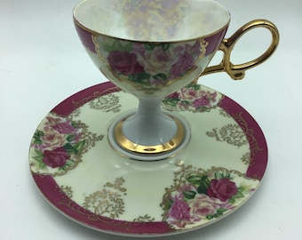 Royal Shafford Tea Cup and Saucer, Hand-painted Bone China,High Pedestal Teacup, Lusterware,Made in Japan, Pink floral tea cups