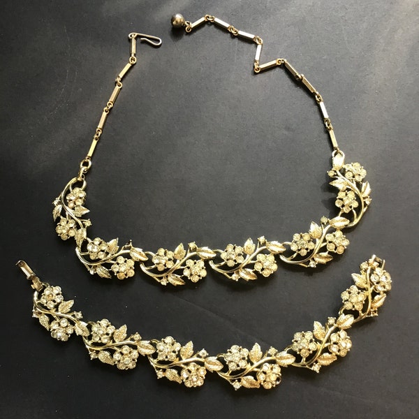 Vintage Coro Necklace and Bracelet gold tone with clear rhinestone