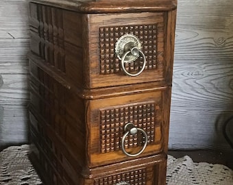 3 Drawer Sewing cabinet, ornate knobs, New Williams,Rustic sewing storage box, wooden storage container,metal drawer pulls