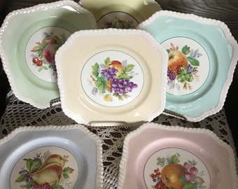 Vintage Johnson Bros Old English Plates,set of 6, Fruit pattern with coloured borders,square plates with rope edge