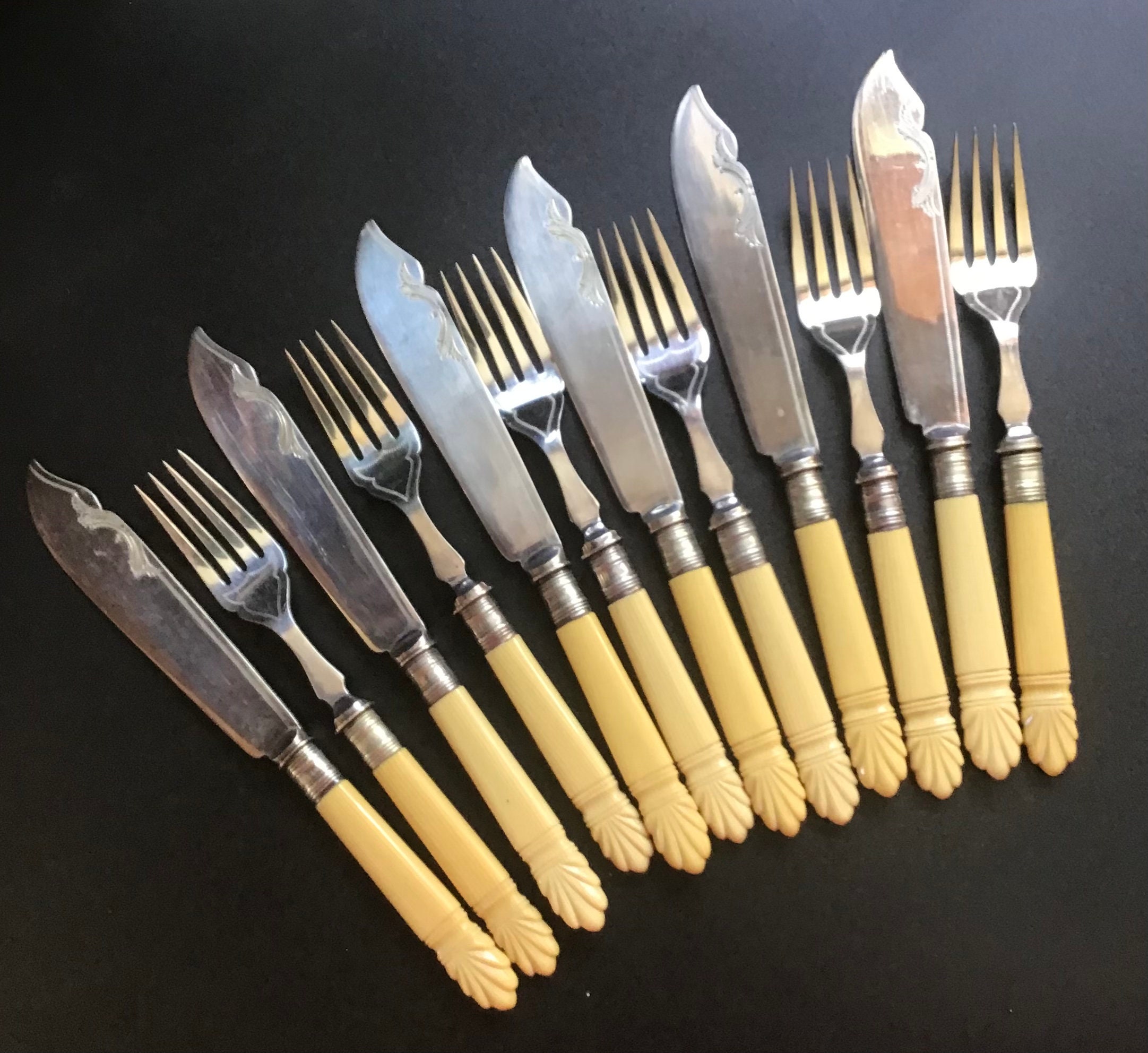 Vintage Fish Forks and Fish Knives set of 12 Celluloid Art Deco Handles