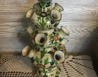 Vintage tulpanvas i 3 lager, handmålad, keramikvas, blomsterdesign