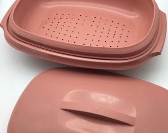 Vintage Tupperware steamer/serving bowl,Coral 3pc Oval,