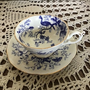 Vintage Blue Bird Coalport Tea Cup and Saucer, Cairo Pattern Teacup, fine bone china Tea Cup
