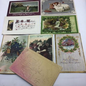 Postales navideñas antiguas, tarjetas de felicitación de principios de 1900, Navidad, Pascua, Día de San Patricio, sello postal antiguo, sello de Benjamin Franklin de 1 centavo.