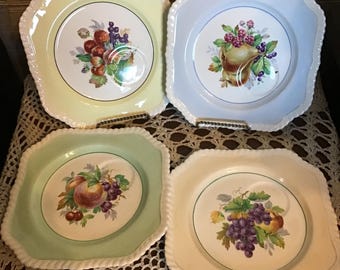 Vintage Johnson Bros Old English Plates,set of 4,Fruit pattern with coloured borders,rope edge.Fruit Motif,rare with indented for cup
