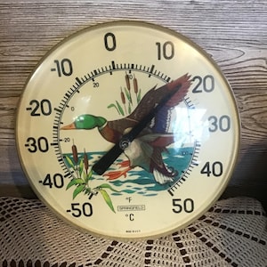 Puede incluir: Termómetro redondo con una esfera color crema que muestra un pato en vuelo sobre agua y juncos. El indicador de temperatura muestra escalas Fahrenheit y Celsius, con un rango de -50 a 50 grados. La palabra "SPRINGFIELD" está impresa en la esfera.