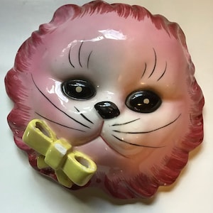 Vintage MCM Lefton Wall Pocket, roze keramische kat, gele strik