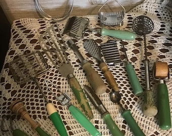 Vintage Green Wooden handles Kitchen Gadgets,kitchen ,Farmhouse decor