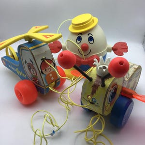 Vintage Fisher Price pull toys,#736 Humpty Dumpty,#444Queen Buzzy Bee, #448 Mini Copter, wooden toys,pretend play,Retro toys