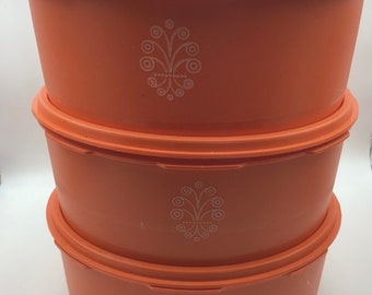 Retro Orange Tupperware containers with lids,set of 3,1206-10,stacking containers