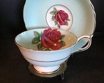 Paragon Double Warrant Mint Green Cabbage Rose Tea Cup,Signed R Johnson