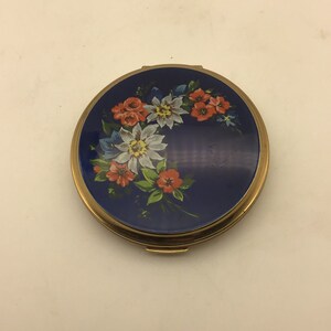 Vintage Stratton Compact, Blue enamel with Floral design Powder Box, Vintage Makeup