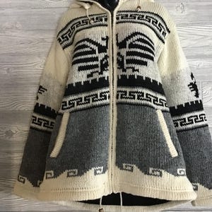 100%Wool Nordic Jacket, Unisex L, Fleece lining, Thunderbird Design Cowichan coat,