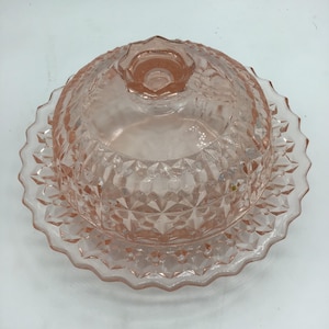 Vintage Pink Depression Glass Butter dish, Jeannette Glass,  Round covered dish,Pink glass, 1940’s