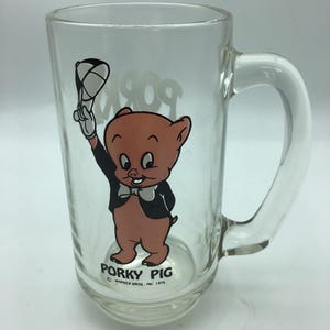 ヴィンテージ ワーナーブラザーズ ルーニー・テューンズ グラス、ポーキー・ピッグ、1975年 プロモーショングラス、コレクターグラス、キャラクターグラス、漫画キャラクター