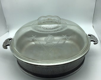 Guardian Service, Hammered Aluminum 9” roasting pane with glass lid,Etched Knight,Vintage Cookware