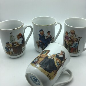 Tasses à café Norman Rockwell vintage, tasses à thème 1980, tasses à rebord doré en porcelaine