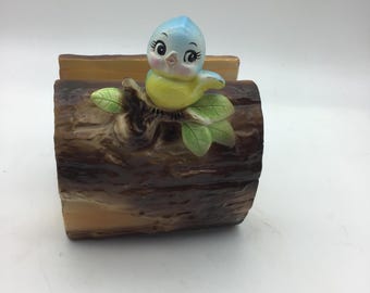 Vintage  Bluebird Napkin holder,Norcest 1950 Blue Bird, Anthropomorphic birds, kitchen decor, baby bluebird sitting on log, Vintage Kitsch