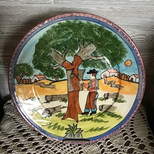 Vintage Portugal Ler Dekorativ Tallrik, Terrakotta, Pedro Do Corval, handgjord keramik, Redware keramik, signerad keramik, målad keramik