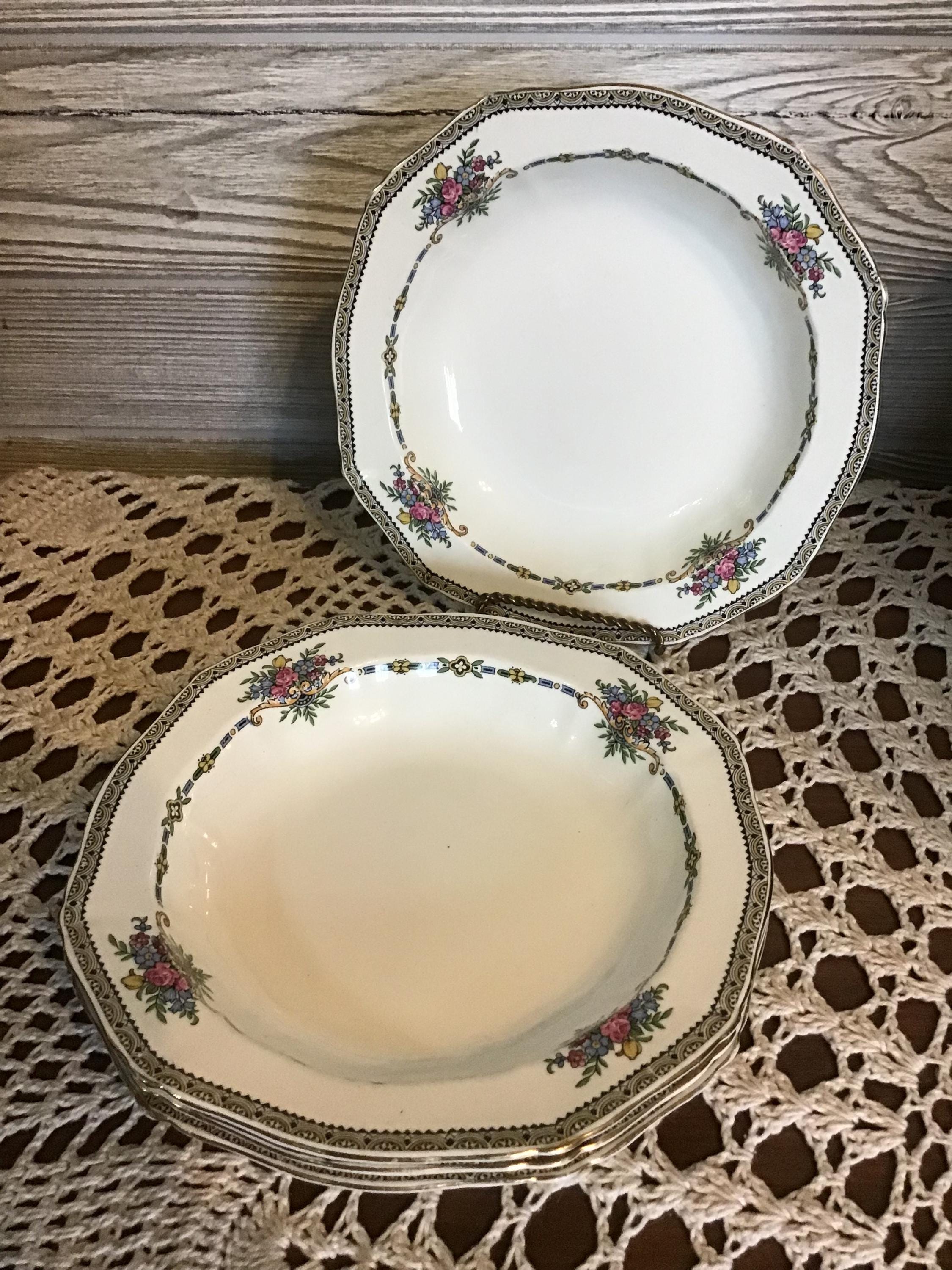 Osiris Shaped Soup Bowls,Alfred Meakin, set of 4, 8” bowls,floral pattern, Gold Gild Edges,1900 English China