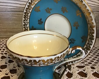 Aynsley Blue and Gold Teacup and Saucer- Corset style, Fine Bone English China