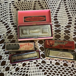 Vintage munspel, set om 3, M.Hohner, Fr Hotz, Marine Band, Old Standby, Melondy King
