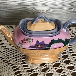 Tetera vintage de loza lustrosa, tetera de porcelana pintada a mano,