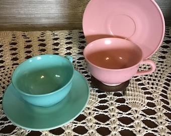 Vintage Hazel Atlas Tea Cups & Saucers, fired on paint, pink milkglass, Robin egg blue