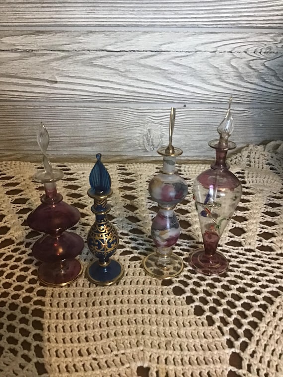 Vintage Glass Perfume bottles, Egyptian glass bottles,perfume bottles with stoppers, perfume jar, ladies perfume, set of 4