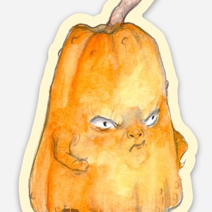 Peut inclure: Une illustration aquarelle d'une citrouille avec un visage bougon. La citrouille est orange et a une tige. La citrouille est debout sur deux jambes et a deux bras. La citrouille mesure 1,86 pouce par 3 pouces.