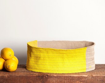 Large oval basket, hand woven hemp, food storage basket, wedding gifts ideas, yellow kitchen storage, decorative basket, hand made in Canada
